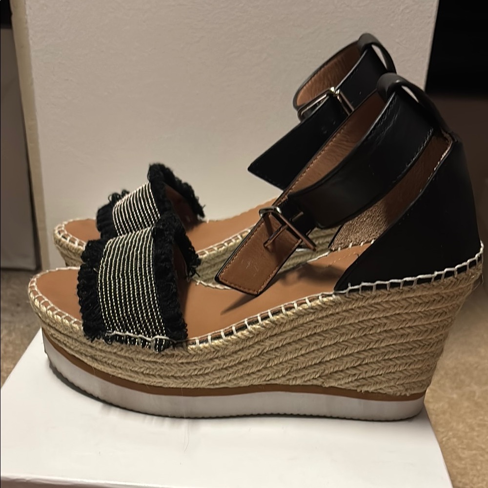 Black and Tan Espadrille Wedge Shoes